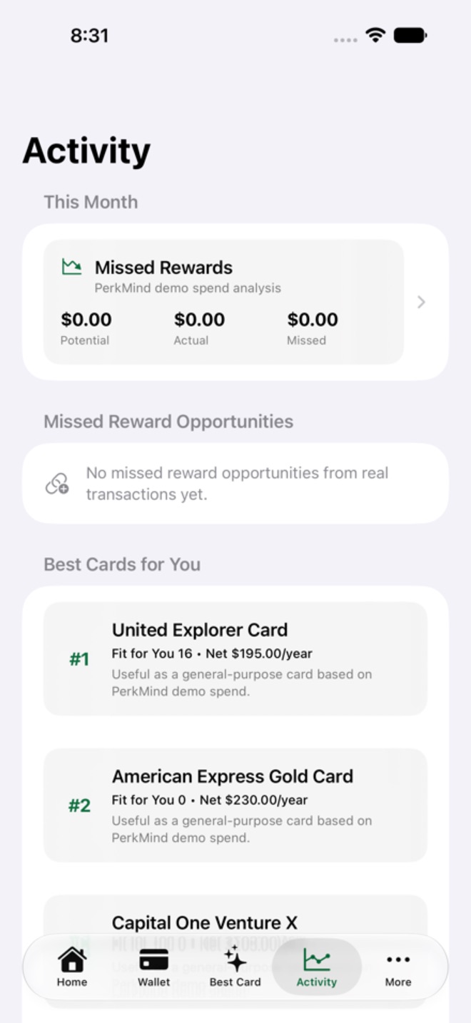 PerkMind Activity screen with missed reward opportunities and best cards for you