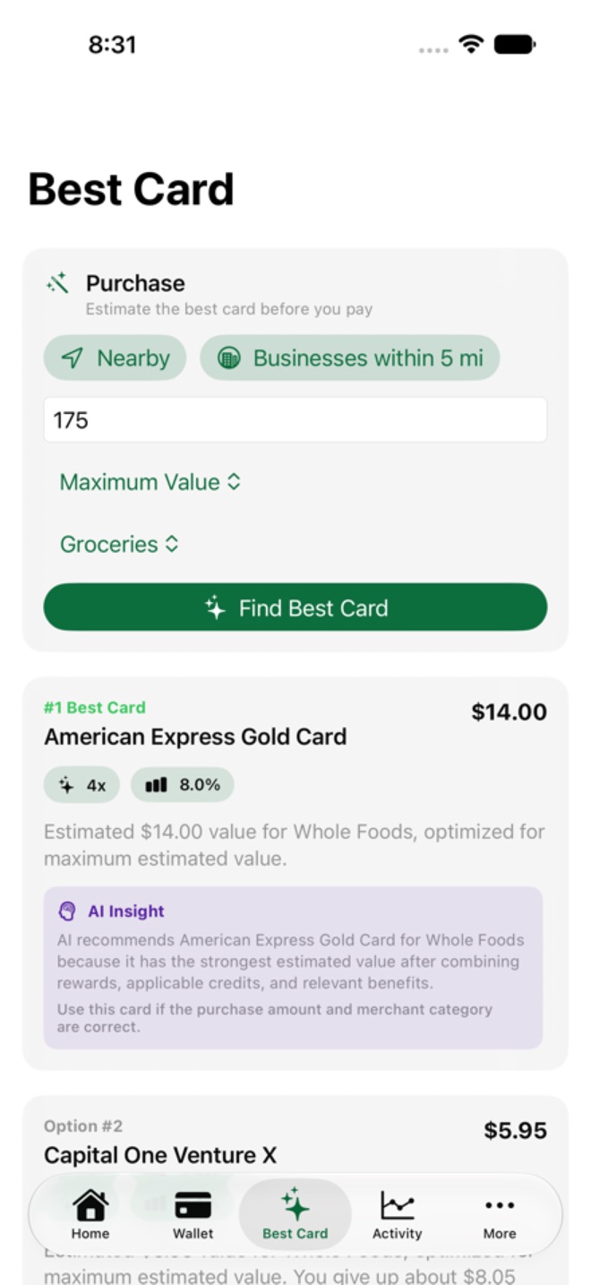 PerkMind Best Card screen ranking cards for a $175 grocery purchase with an explanation