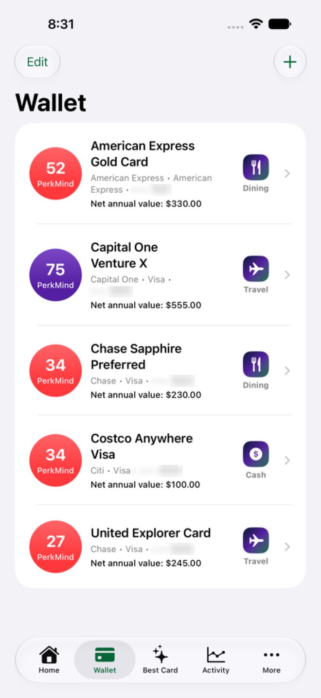 PerkMind Wallet screen listing saved cards with PerkMind scores and net annual value